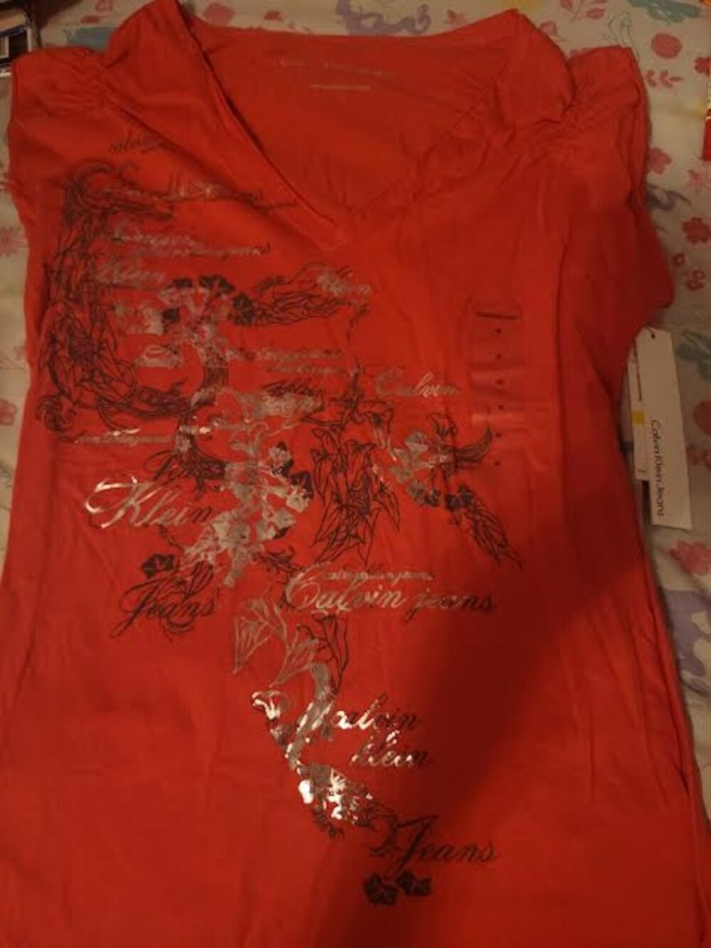Womens Calvin Klein Jeans Red T-Shirt Silver and Black Print Size M